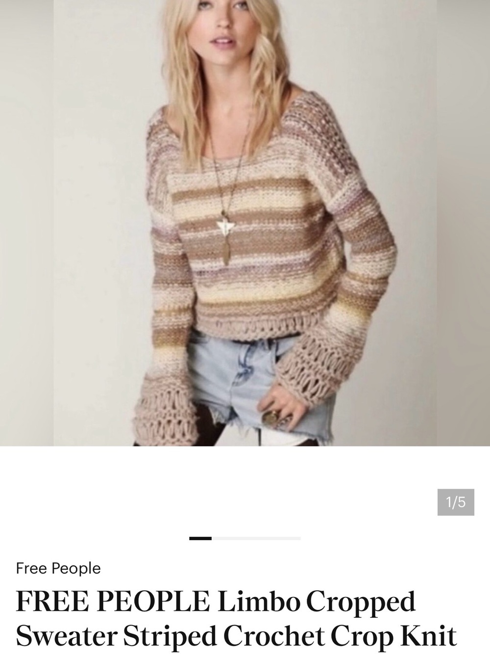 Free People Striped Crochet Cropped Sweater in Beige, Tan, Cream